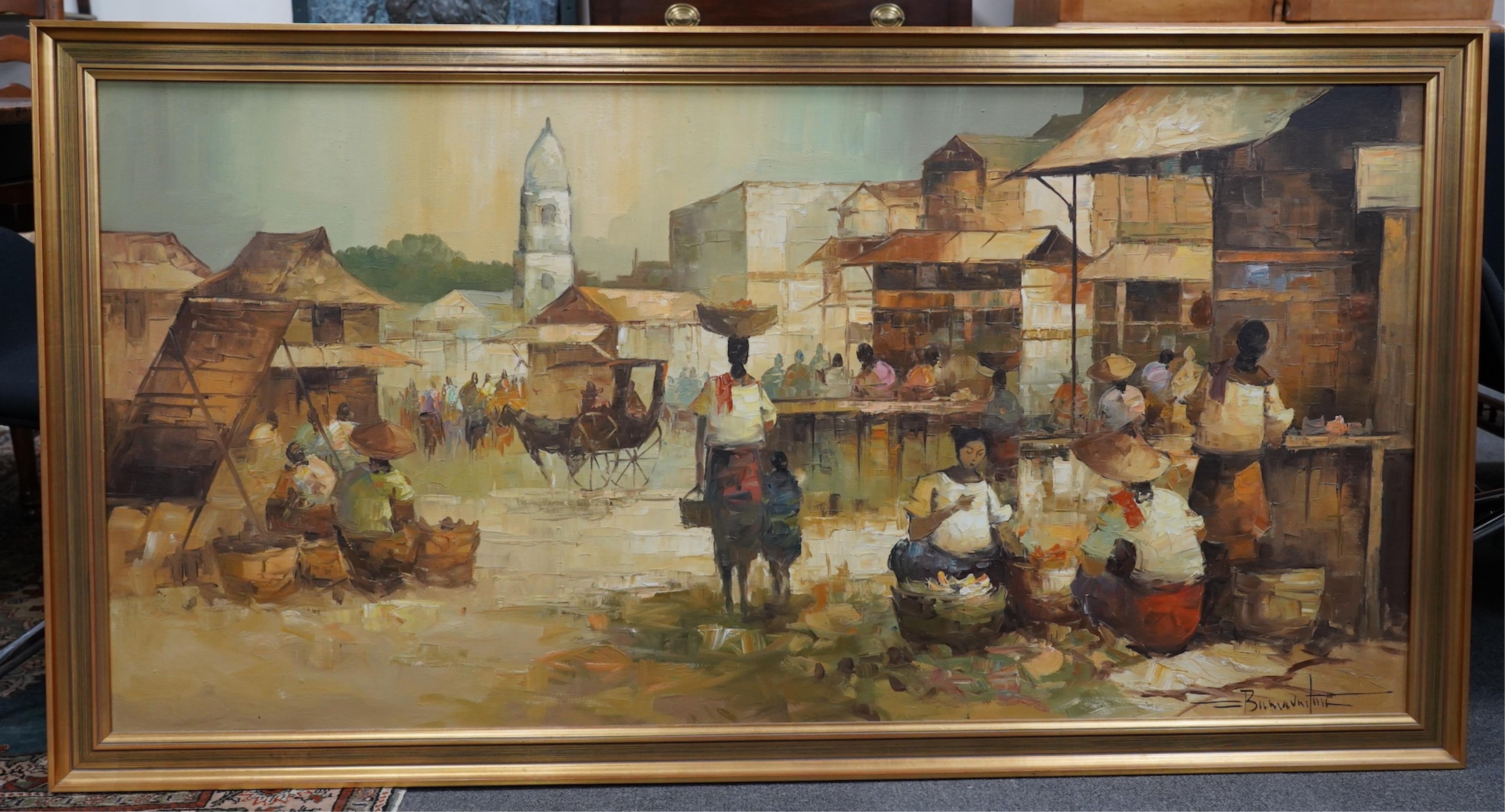 Buenaventura, Filipino oil on canvas, Street scene, signed, 72 x 149cm
